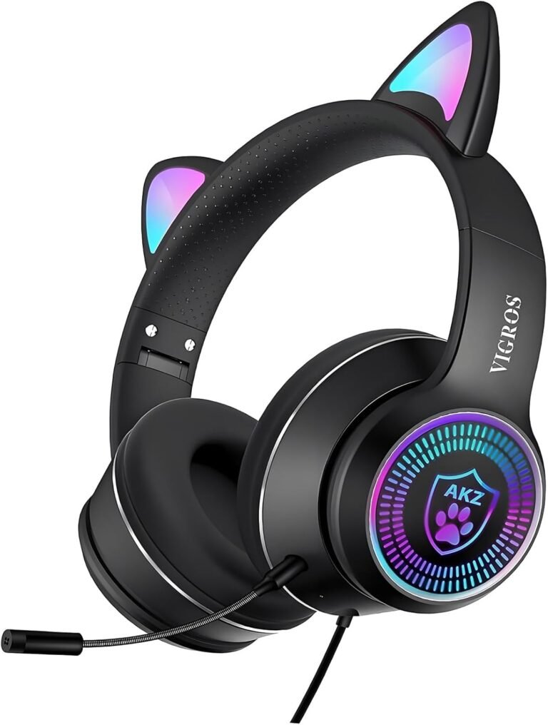 Cat Ear Gaming Headphones Wired AUX 3.5mm with LED Light, VIGROS Flashing Stereo Game Headphones Surround Sound Over-Ear Headsets with Microphone Fit Kids & Adult for PC, PS4, Switch, Mobile, Laptop