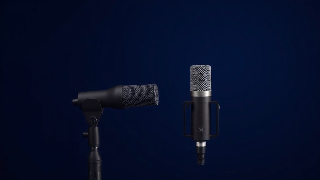 Two professional condenser microphones side by side on deep navy studio background, one large diaphragm model with wide capsule next to compact small diaphragm model, soft side lighting creates gentle shadows, clean modern product photography, photorealistic studio setup