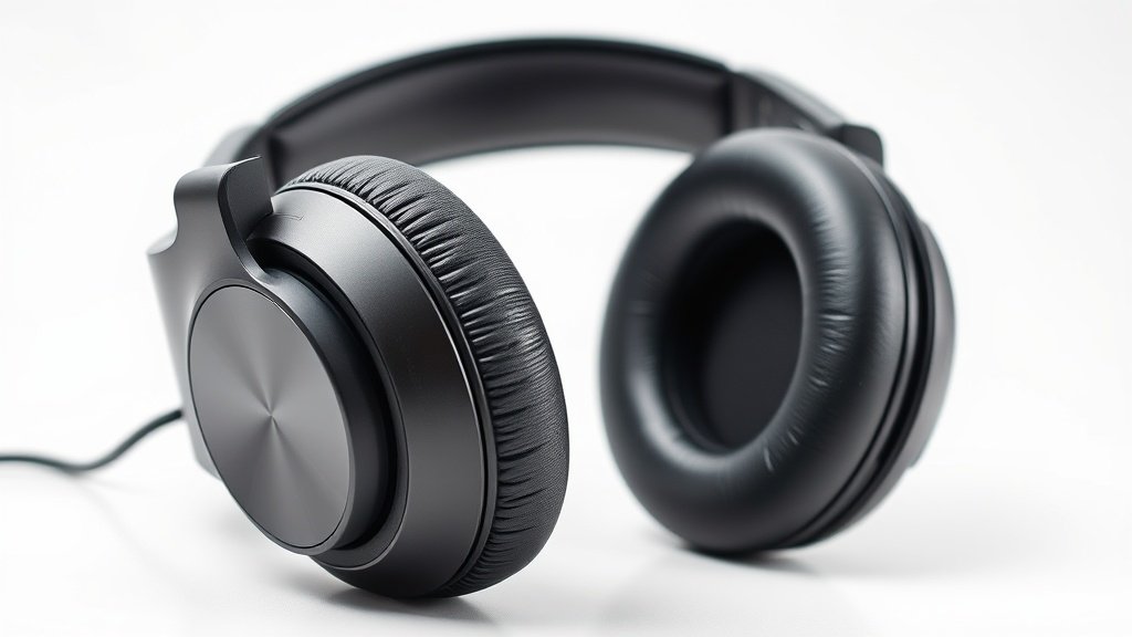 Professional headphones on clean white studio background with visible driver detail, soft side lighting, modern minimal product photography, 16:9 horizontal, photorealistic rendering without text or watermarks