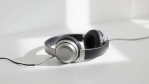 Modern over-ear headphones with visible microphone ports for active noise cancellation sitting on clean white studio surface with soft side lighting creating subtle shadows