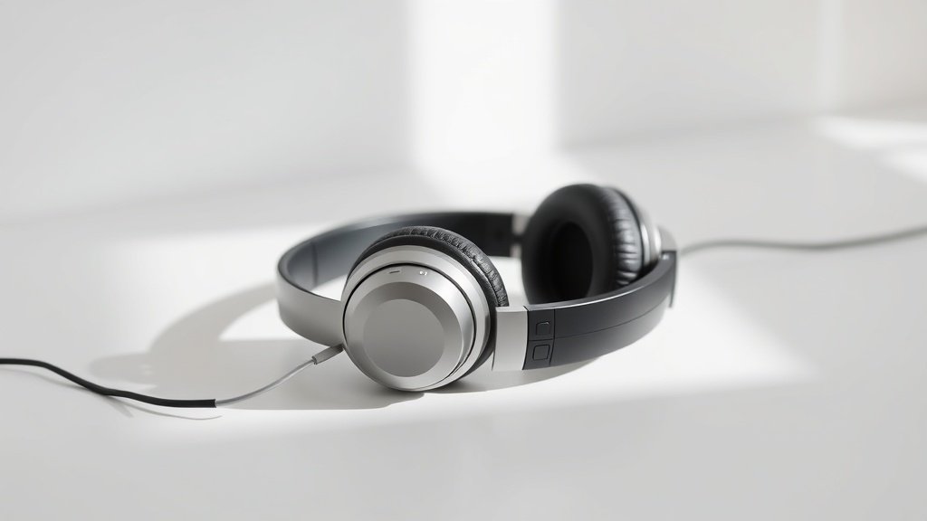 Modern over-ear headphones with visible microphone ports for active noise cancellation sitting on clean white studio surface with soft side lighting creating subtle shadows