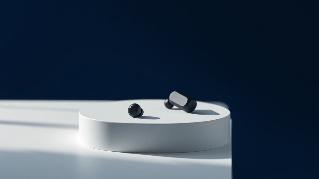 Pair of black wireless sport earbuds sitting on clean white surface with subtle shadows. Modern minimal product photography with soft side lighting. Deep navy blue background. Professional studio setup. No branding visible.