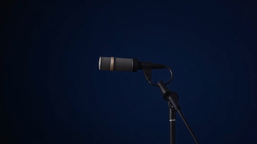 Professional condenser microphone mounted on boom stand against deep navy studio background with soft side lighting creating gentle shadows. Clean minimal composition showing the microphone capsule and shock mount detail in sharp focus with shallow depth of field.