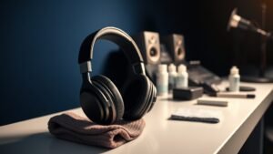 High-end open-back headphones on clean studio workbench with soft microfibre cloth and cleaning supplies arranged nearby. Professional studio environment with deep navy background and warm side lighting creating subtle shadows.