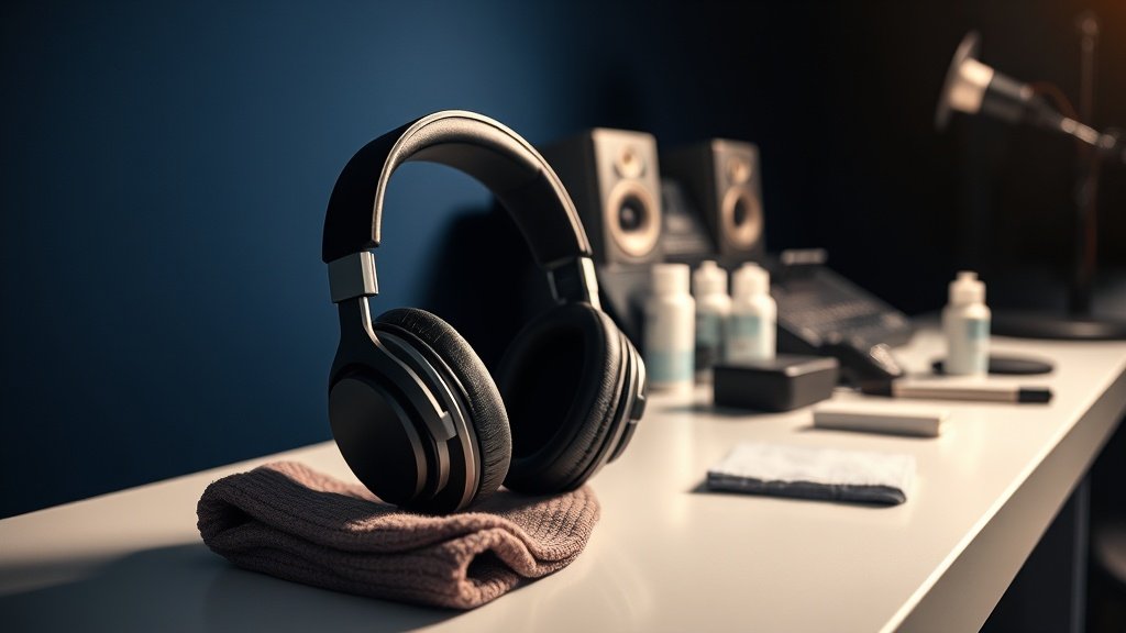 High-end open-back headphones on clean studio workbench with soft microfibre cloth and cleaning supplies arranged nearby. Professional studio environment with deep navy background and warm side lighting creating subtle shadows.