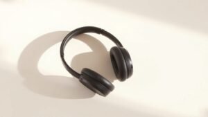 High-end over-ear headphones on a clean off-white studio background with soft side lighting casting subtle shadows. The headphones feature visible driver housings suggesting advanced spatial audio capabilities. Modern minimal product photography style in horizontal 16:9 format.