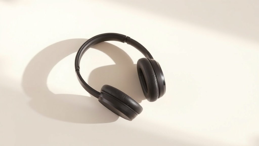 High-end over-ear headphones on a clean off-white studio background with soft side lighting casting subtle shadows. The headphones feature visible driver housings suggesting advanced spatial audio capabilities. Modern minimal product photography style in horizontal 16:9 format.