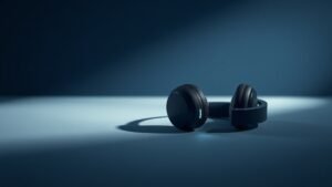 Modern wireless headphones resting on clean studio surface with subtle Bluetooth connectivity indicators glowing softly. Deep navy background with professional side lighting creating gentle shadows. Minimalist product photography showcasing premium build quality.