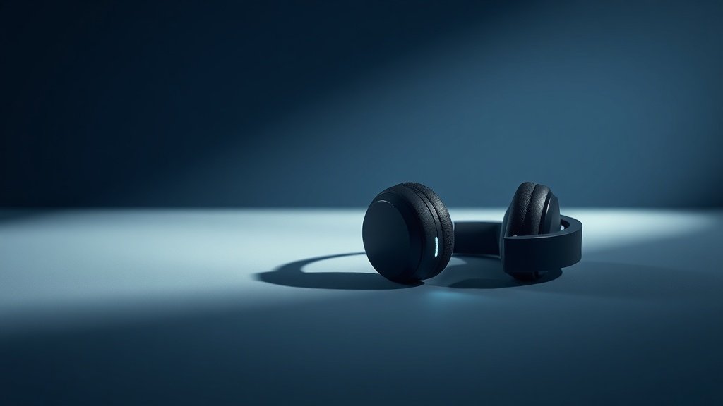 Modern wireless headphones resting on clean studio surface with subtle Bluetooth connectivity indicators glowing softly. Deep navy background with professional side lighting creating gentle shadows. Minimalist product photography showcasing premium build quality.