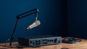 Modern podcast microphone on adjustable boom arm positioned above audio interface with XLR cable connection. Clean studio desk setup with deep navy background. Soft side lighting creates gentle shadows. Professional broadcast equipment arrangement in minimal composition.