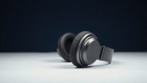 Modern noise cancelling headphones on clean studio background with visible microphone ports and ear cups positioned to show detail. Soft side lighting highlights the sleek design against deep navy backdrop. Professional product photography style.
