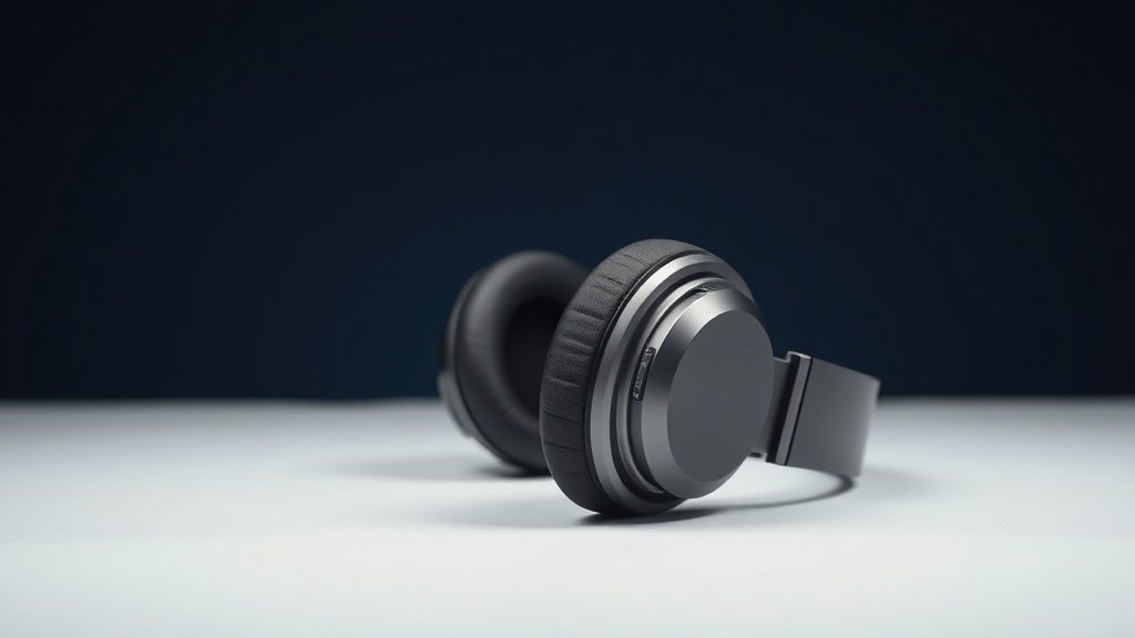 Modern noise cancelling headphones on clean studio background with visible microphone ports and ear cups positioned to show detail. Soft side lighting highlights the sleek design against deep navy backdrop. Professional product photography style.