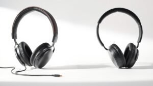 Premium wired and wireless headphones side by side on clean white studio background. One set with visible cable connection, one without. Soft directional lighting from left side creates gentle shadows. Modern professional product photography style.