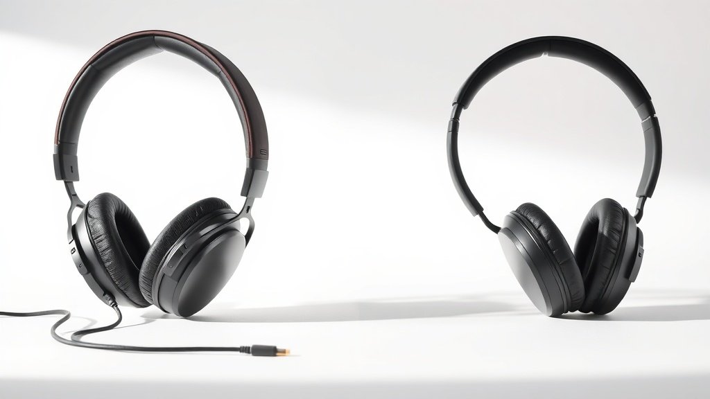 Premium wired and wireless headphones side by side on clean white studio background. One set with visible cable connection, one without. Soft directional lighting from left side creates gentle shadows. Modern professional product photography style.