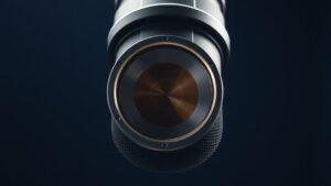 Close-up cutaway view of a large diaphragm condenser microphone capsule showing the delicate gold-sputtered diaphragm membrane suspended above the backplate with precise spacing visible in professional studio lighting against deep navy background