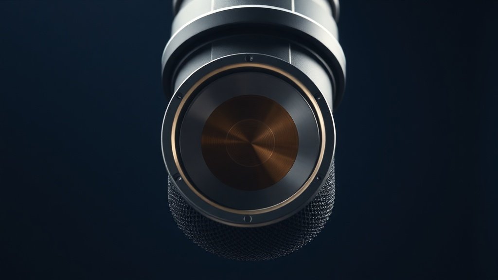 Close-up cutaway view of a large diaphragm condenser microphone capsule showing the delicate gold-sputtered diaphragm membrane suspended above the backplate with precise spacing visible in professional studio lighting against deep navy background