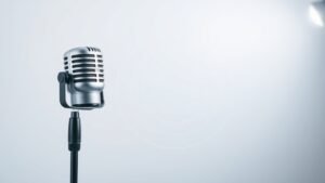 Professional studio microphone with visible polar pattern diagram overlay showing cardioid pickup zones in soft blue gradient against clean white studio background with gentle side lighting