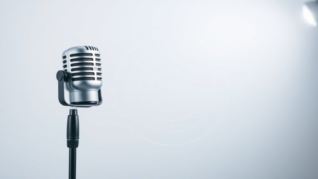 Professional studio microphone with visible polar pattern diagram overlay showing cardioid pickup zones in soft blue gradient against clean white studio background with gentle side lighting