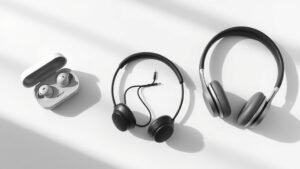 Three distinct headphone styles arranged on clean white studio surface with soft side lighting. True wireless earbuds in charging case, neckband headphones with connecting cable, and over-ear headphones with padded cups. Modern minimal product photography with deep shadows and photorealistic detail.