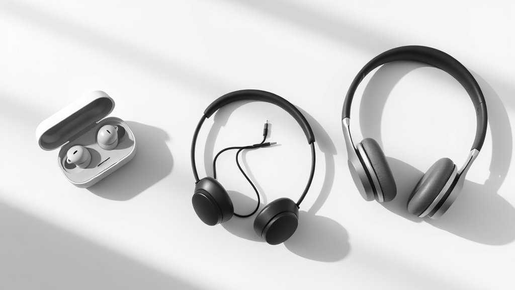Three distinct headphone styles arranged on clean white studio surface with soft side lighting. True wireless earbuds in charging case, neckband headphones with connecting cable, and over-ear headphones with padded cups. Modern minimal product photography with deep shadows and photorealistic detail.