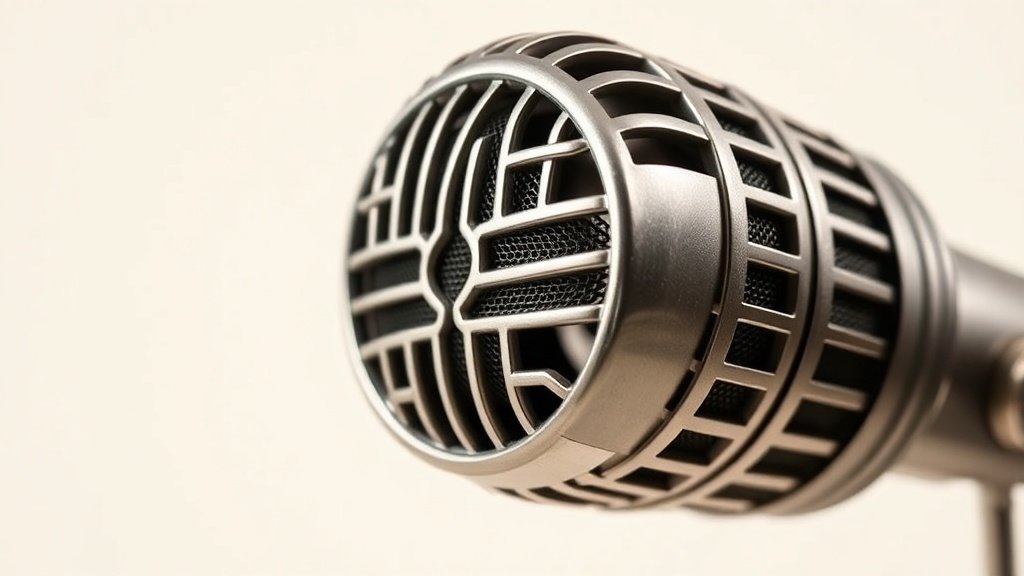 Close-up studio photograph of a classic ribbon microphone on a clean off-white background. The microphone shows the distinctive art deco styling and metal grille. Soft side lighting reveals the textured metal surface and internal ribbon element visible through the grille slots. Professional product photography with shallow depth of field.
