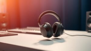 Professional over-ear headphones on clean studio desk with audio interface in soft focus background. Deep navy backdrop. Warm side lighting creates gentle shadows. Modern minimalist product photography style showcasing pristine black headphones.
