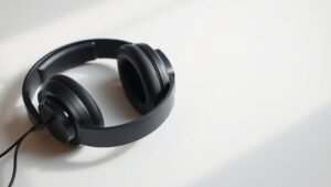 Professional studio headphones lying flat on clean white surface with impedance specifications visible on headband. Soft side lighting creates subtle shadows. Modern minimal product photography style with shallow depth of field highlighting technical details.