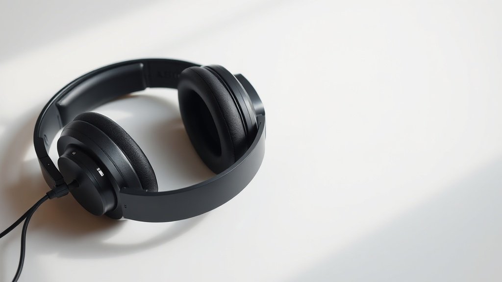 Professional studio headphones lying flat on clean white surface with impedance specifications visible on headband. Soft side lighting creates subtle shadows. Modern minimal product photography style with shallow depth of field highlighting technical details.