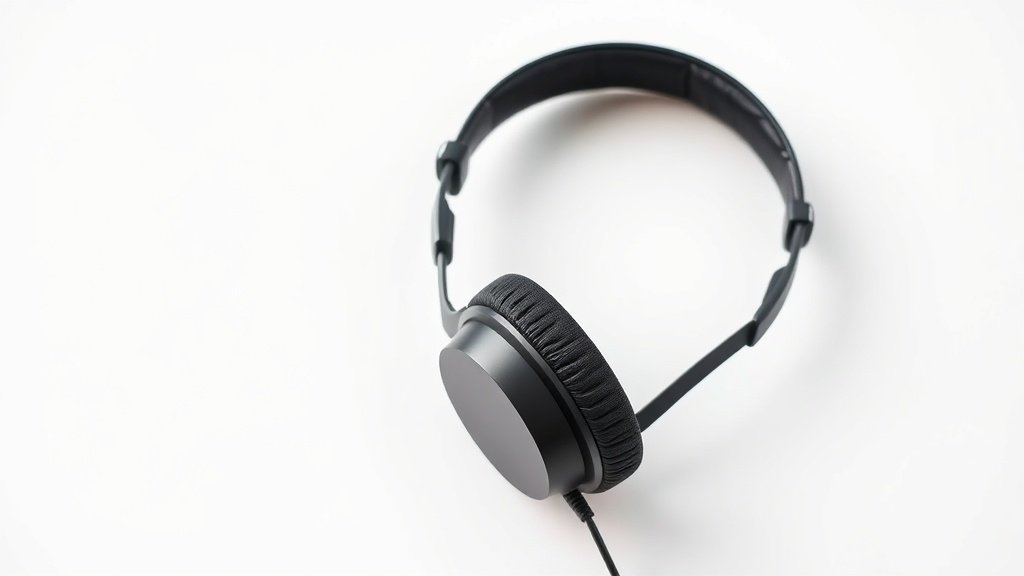Professional studio headphones isolated on clean white background with soft side lighting highlighting the driver housing and cable connection in modern minimal product photography style horizontal composition