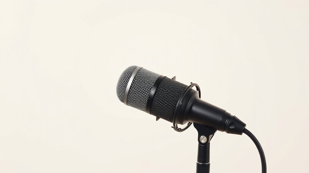 A professional studio condenser microphone positioned vertically against a clean off-white background with soft directional lighting highlighting the mesh grille and body details in sharp focus horizontal composition
