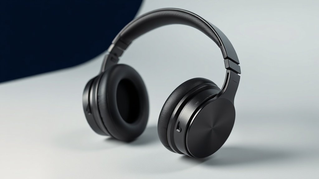 Premium over-ear headphones positioned on clean white studio surface with deep navy background gradient. Soft side lighting highlights driver housing and headband construction. Modern minimal product photography showcasing technical precision and build quality details.