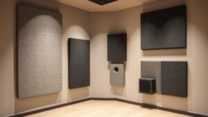 Modern recording studio corner showing acoustic foam panels and bass traps mounted on walls. Clean minimal setup with soft lighting highlighting the textured surfaces of sound absorption materials against neutral colored walls.