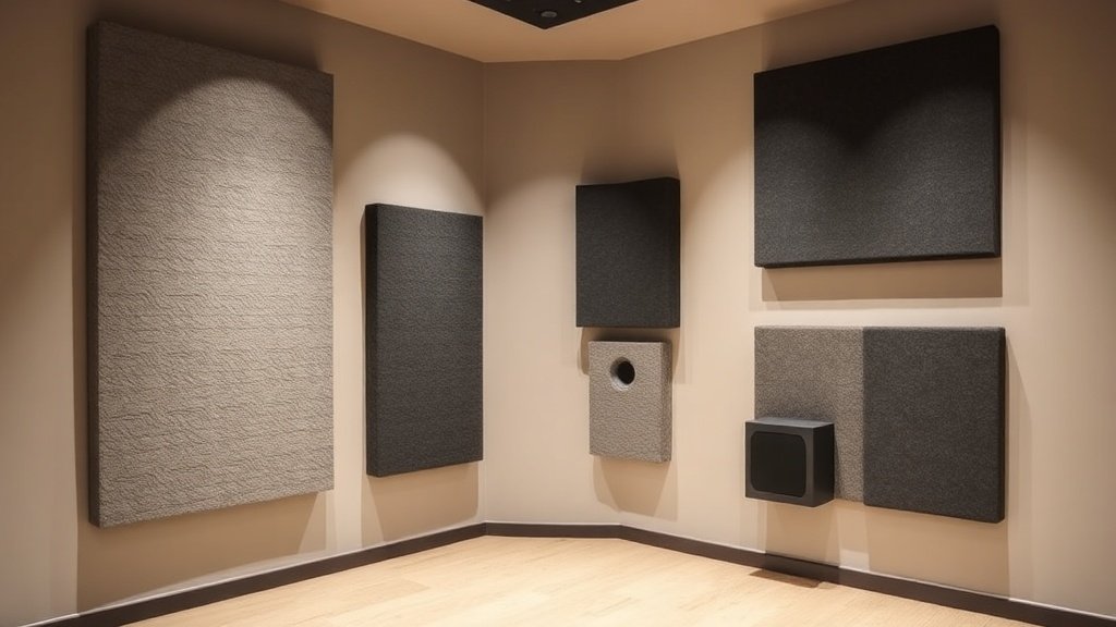 Modern recording studio corner showing acoustic foam panels and bass traps mounted on walls. Clean minimal setup with soft lighting highlighting the textured surfaces of sound absorption materials against neutral colored walls.