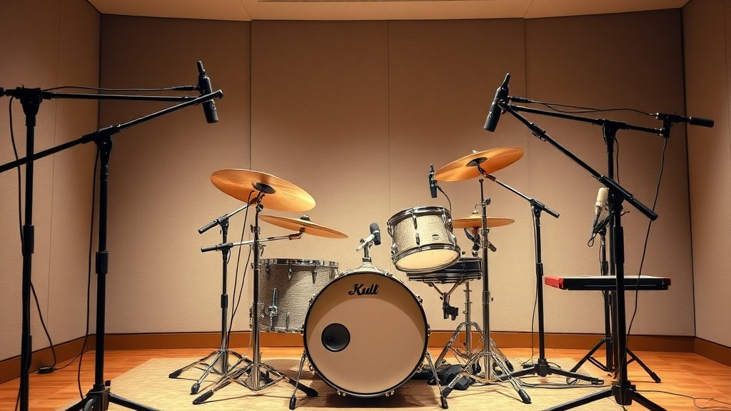 Professional drum kit in modern recording studio with multiple microphones positioned around drums and cymbals. Clean arrangement showing kick drum mic, snare mics, overhead mics, and tom mics. Soft studio lighting against neutral background. Photorealistic detail of microphone placement angles.