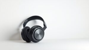 Professional headphones photographed from side angle on clean white studio background. Modern over-ear design with visible driver housing. Soft directional lighting creating subtle shadows. Minimal composition emphasising clean lines and build quality. Photorealistic product photography style.