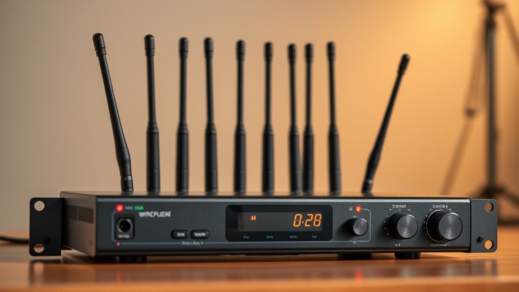 Professional wireless microphone receiver unit with multiple antenna connections on clean studio background. Modern black metal chassis with LED indicators and control knobs. Soft side lighting emphasizes technical details and build quality.