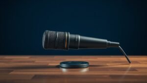 Professional condenser microphone positioned horizontally on a polished wooden table surface against deep navy background with soft side lighting creating subtle reflections beneath the microphone body showcasing boundary effect principles