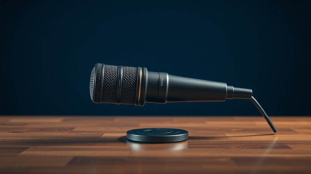 Professional condenser microphone positioned horizontally on a polished wooden table surface against deep navy background with soft side lighting creating subtle reflections beneath the microphone body showcasing boundary effect principles