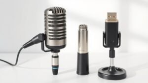 Professional XLR dynamic microphone next to modern USB condenser microphone on clean white studio surface with soft side lighting creating subtle shadows between the contrasting connection types