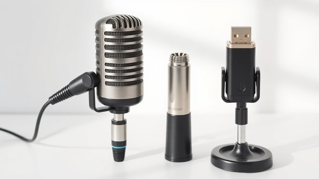 Professional XLR dynamic microphone next to modern USB condenser microphone on clean white studio surface with soft side lighting creating subtle shadows between the contrasting connection types