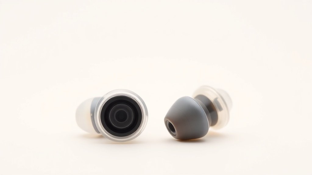 Close-up product photography of two in-ear monitors side by side on clean off-white background. One transparent shell showing single driver, one showing multiple drivers inside. Soft side lighting creates subtle shadows. Modern minimal composition horizontal format.