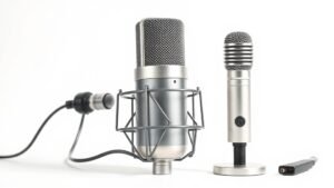 Professional large diaphragm condenser microphone in silver finish positioned next to small budget USB microphone on clean white studio background with soft side lighting highlighting the size and build quality differences between the two microphones in horizontal composition