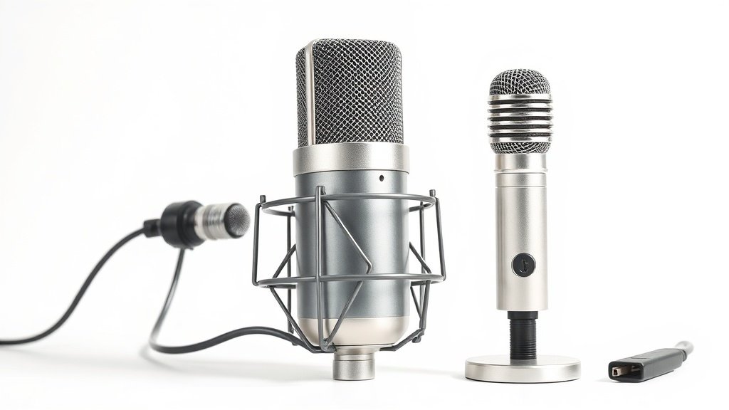 Professional large diaphragm condenser microphone in silver finish positioned next to small budget USB microphone on clean white studio background with soft side lighting highlighting the size and build quality differences between the two microphones in horizontal composition