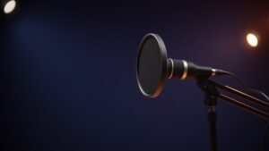 Professional large diaphragm condenser microphone positioned at optimal angle on boom stand against clean studio background. Warm side lighting highlights the microphone capsule and pop filter. Modern recording studio aesthetic with deep navy backdrop.