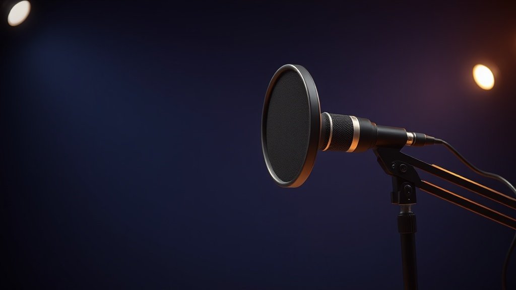 Professional large diaphragm condenser microphone positioned at optimal angle on boom stand against clean studio background. Warm side lighting highlights the microphone capsule and pop filter. Modern recording studio aesthetic with deep navy backdrop.