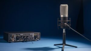 Professional condenser microphone connected to audio interface with XLR cable on clean navy studio background with soft directional lighting highlighting the connection points