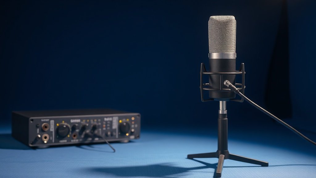 Professional condenser microphone connected to audio interface with XLR cable on clean navy studio background with soft directional lighting highlighting the connection points