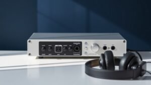 Clean modern audio interface on white desk surface with XLR microphone and closed-back headphones arranged beside it. Soft natural lighting from left side creates gentle shadows. Minimal navy blue background. Sharp product photography style.