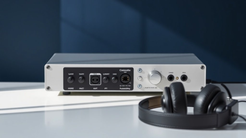 Clean modern audio interface on white desk surface with XLR microphone and closed-back headphones arranged beside it. Soft natural lighting from left side creates gentle shadows. Minimal navy blue background. Sharp product photography style.