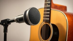 Professional large diaphragm condenser microphone positioned close to acoustic guitar body on clean studio background with soft side lighting creating subtle shadows and highlighting the microphone grille and body details in photorealistic style